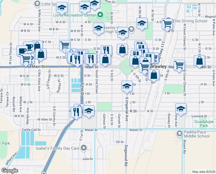 map of restaurants, bars, coffee shops, grocery stores, and more near 292 H St in Brawley