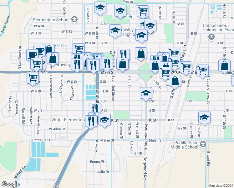 map of restaurants, bars, coffee shops, grocery stores, and more near 216 H Street in Brawley