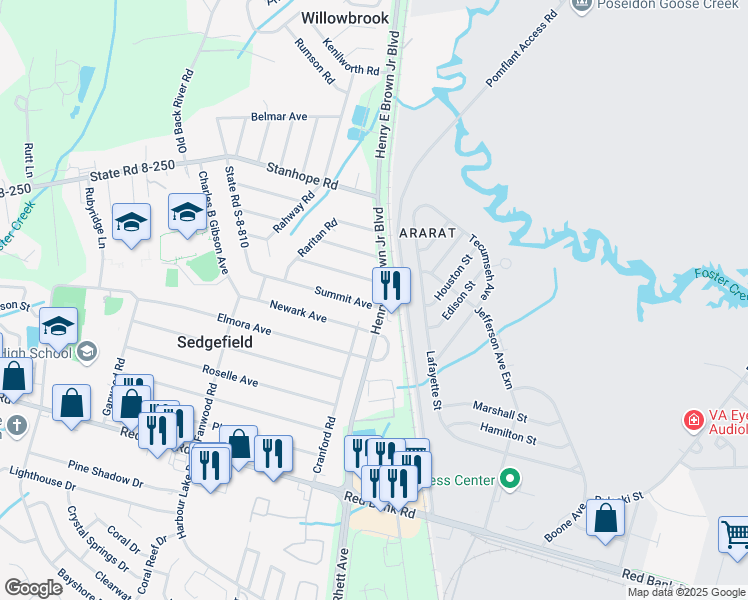 map of restaurants, bars, coffee shops, grocery stores, and more near 2 Summit Avenue in Goose Creek