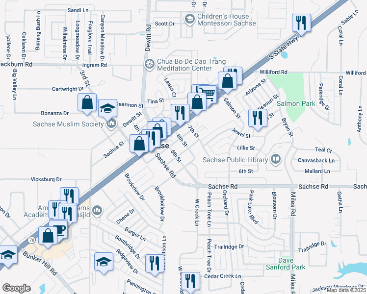 map of restaurants, bars, coffee shops, grocery stores, and more near 3120 6th Street in Sachse