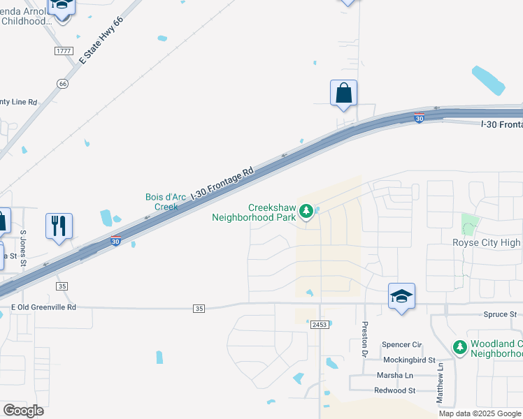 map of restaurants, bars, coffee shops, grocery stores, and more near Interstate Highway 30 in Royse City