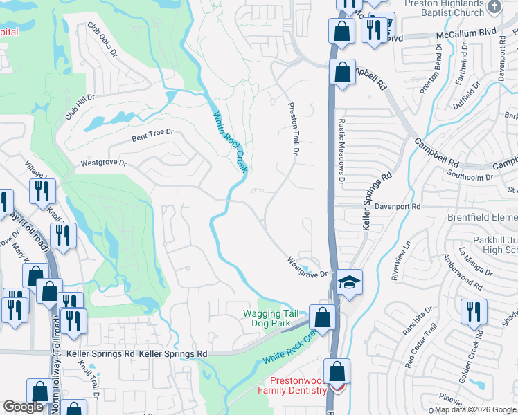 map of restaurants, bars, coffee shops, grocery stores, and more near 9009 Preston Trail Drive in Dallas