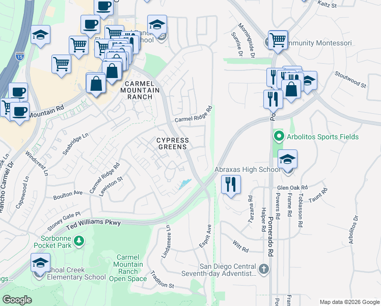 map of restaurants, bars, coffee shops, grocery stores, and more near 12109 Via San Loreno in San Diego