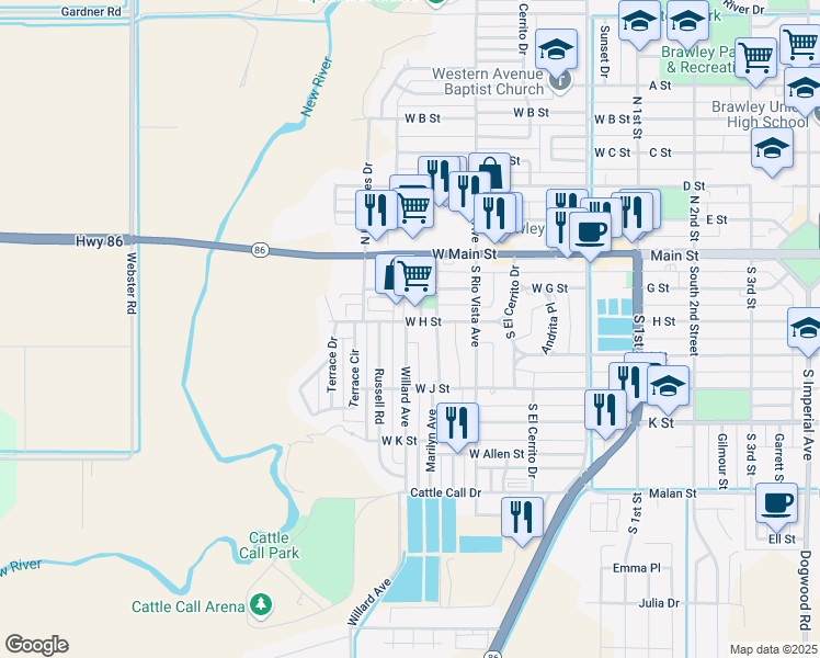 map of restaurants, bars, coffee shops, grocery stores, and more near 327 Willard Avenue in Brawley