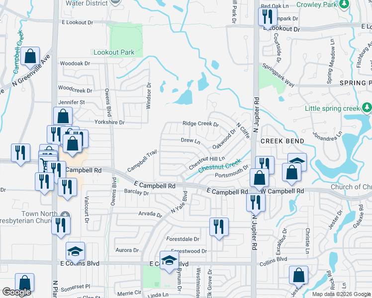 map of restaurants, bars, coffee shops, grocery stores, and more near 1905 Campbell Trail in Richardson