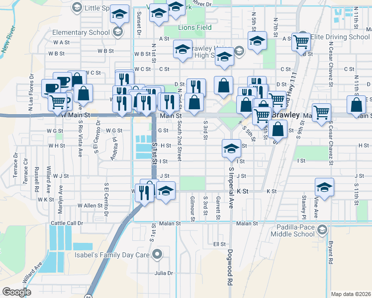 map of restaurants, bars, coffee shops, grocery stores, and more near 216 H Street in Brawley