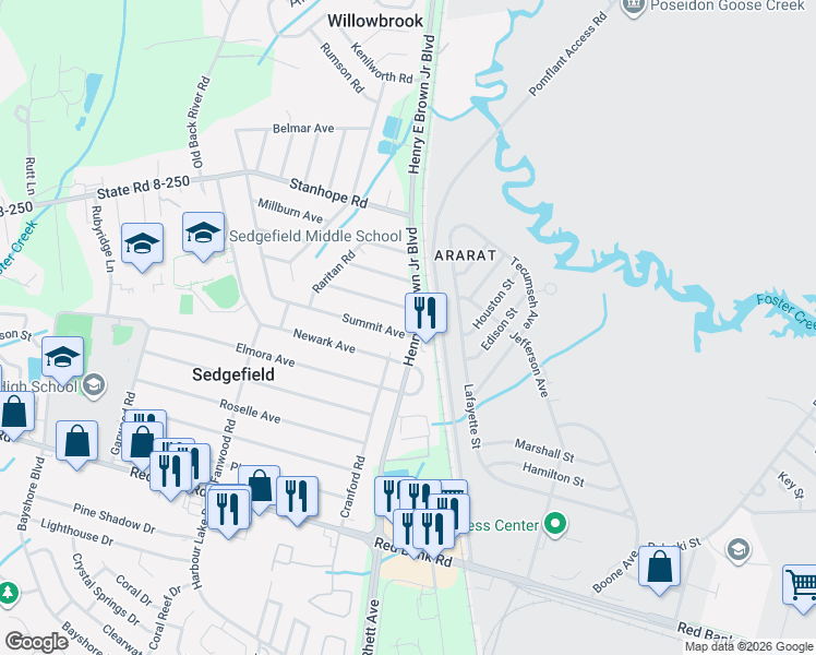 map of restaurants, bars, coffee shops, grocery stores, and more near 2 Summit Avenue in Goose Creek