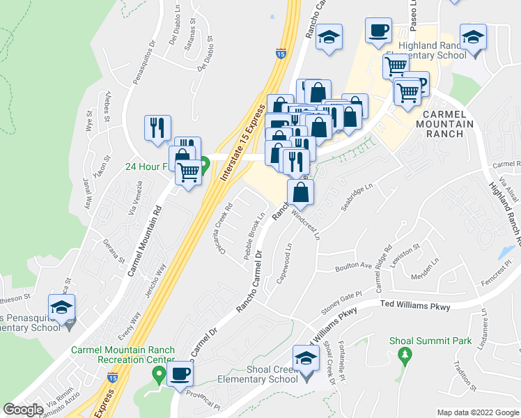 map of restaurants, bars, coffee shops, grocery stores, and more near 14166 Pebble Brook Lane in San Diego