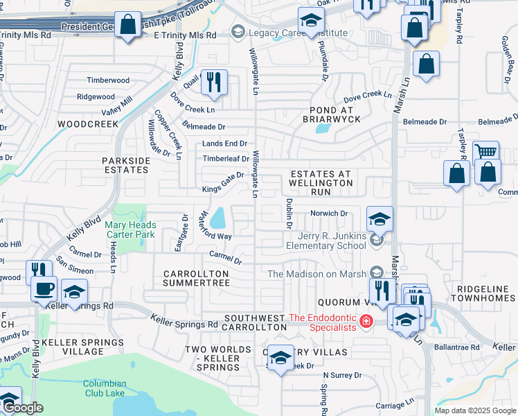 map of restaurants, bars, coffee shops, grocery stores, and more near 2701 Wimbledon Court in Carrollton