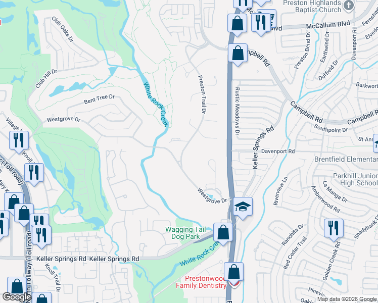 map of restaurants, bars, coffee shops, grocery stores, and more near 9009 Preston Trail Drive in Dallas