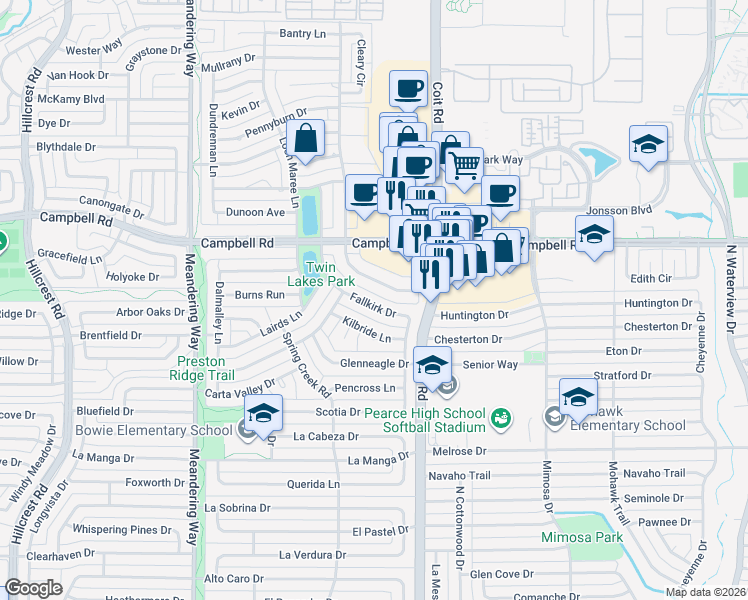 map of restaurants, bars, coffee shops, grocery stores, and more near 16310 Fallkirk Drive in Dallas