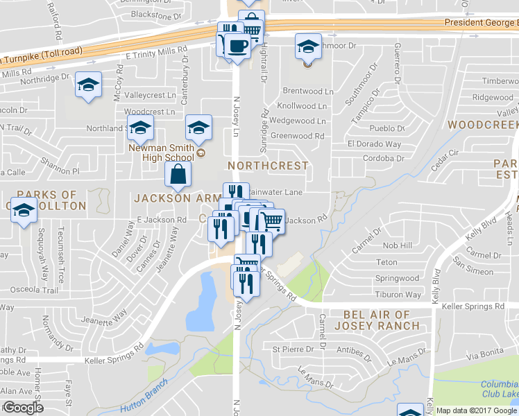 map of restaurants, bars, coffee shops, grocery stores, and more near 1945 East Jackson Road in Carrollton