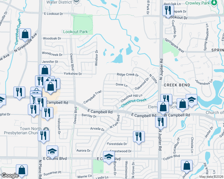 map of restaurants, bars, coffee shops, grocery stores, and more near 1805 Campbell Trail in Richardson