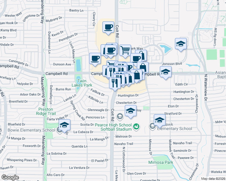map of restaurants, bars, coffee shops, grocery stores, and more near 1414 Huntington Drive in Richardson
