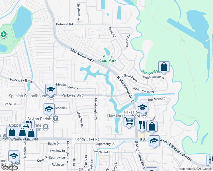 map of restaurants, bars, coffee shops, grocery stores, and more near 326 Spyglass Drive in Coppell