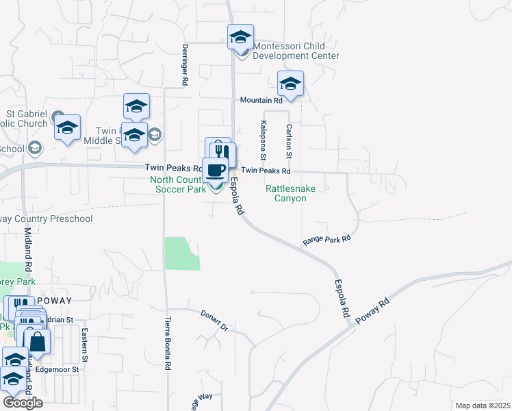 map of restaurants, bars, coffee shops, grocery stores, and more near 14157 Ezra Lane in Poway