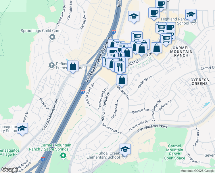 map of restaurants, bars, coffee shops, grocery stores, and more near 14178 Pebble Brook Lane in San Diego