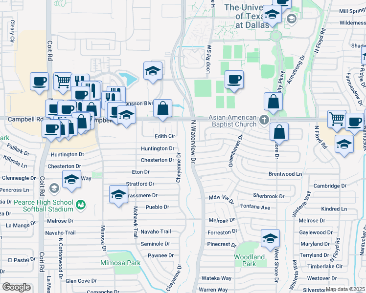 map of restaurants, bars, coffee shops, grocery stores, and more near 1801 North Waterview Drive in Richardson
