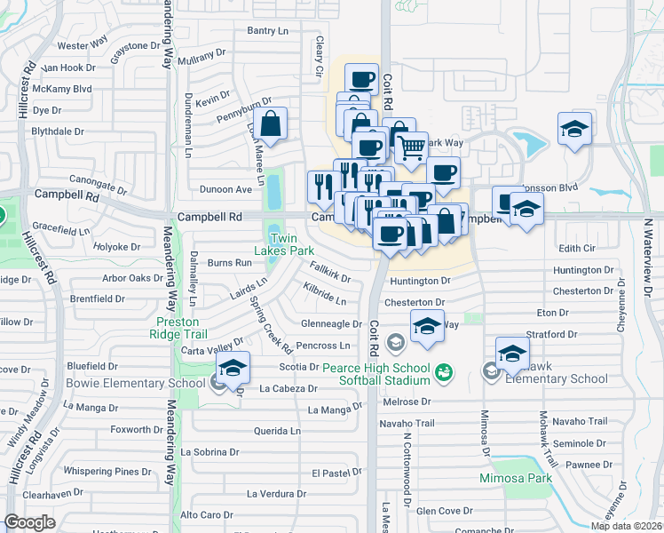 map of restaurants, bars, coffee shops, grocery stores, and more near 16310 Fallkirk Drive in Dallas