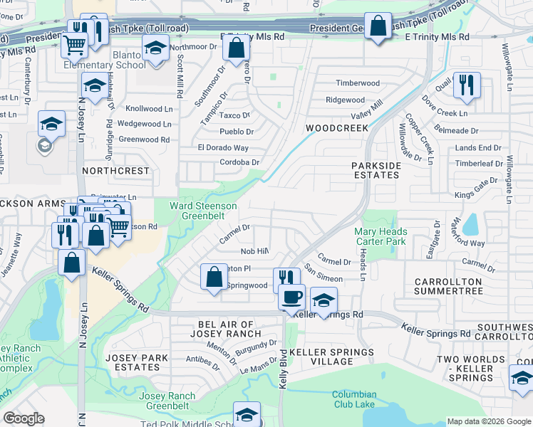 map of restaurants, bars, coffee shops, grocery stores, and more near 2191 Carmel Drive in Carrollton