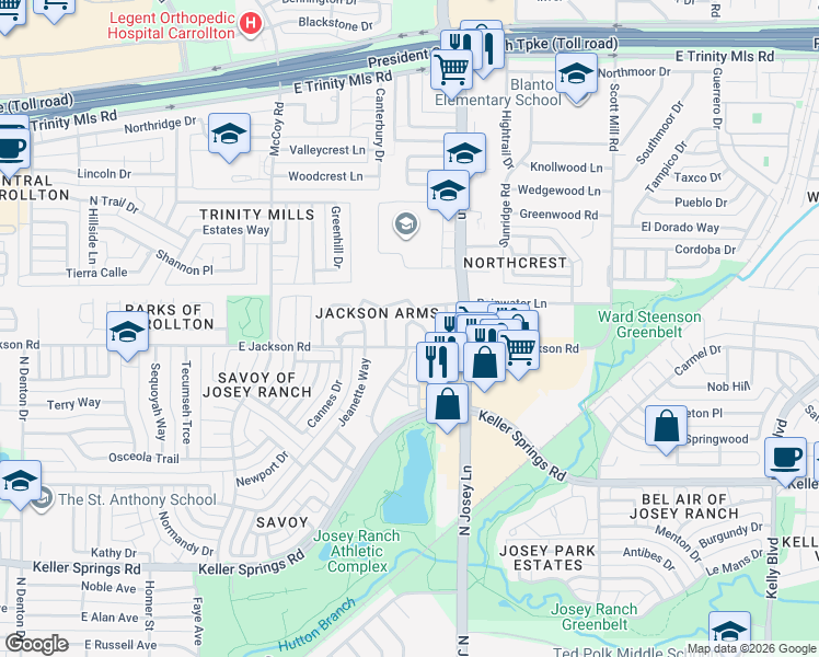 map of restaurants, bars, coffee shops, grocery stores, and more near 2205 Jamestown Court in Carrollton
