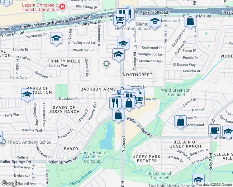 map of restaurants, bars, coffee shops, grocery stores, and more near 2211 Salem Drive in Carrollton
