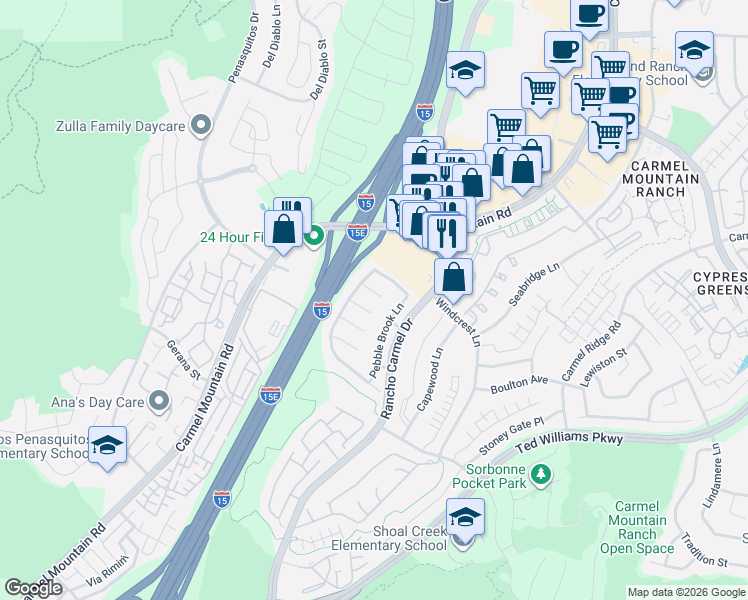 map of restaurants, bars, coffee shops, grocery stores, and more near 11289 Pinestone Court in San Diego