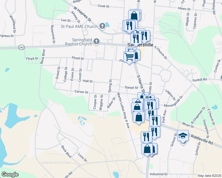 map of restaurants, bars, coffee shops, grocery stores, and more near 406-410 Spring Street in Sandersville