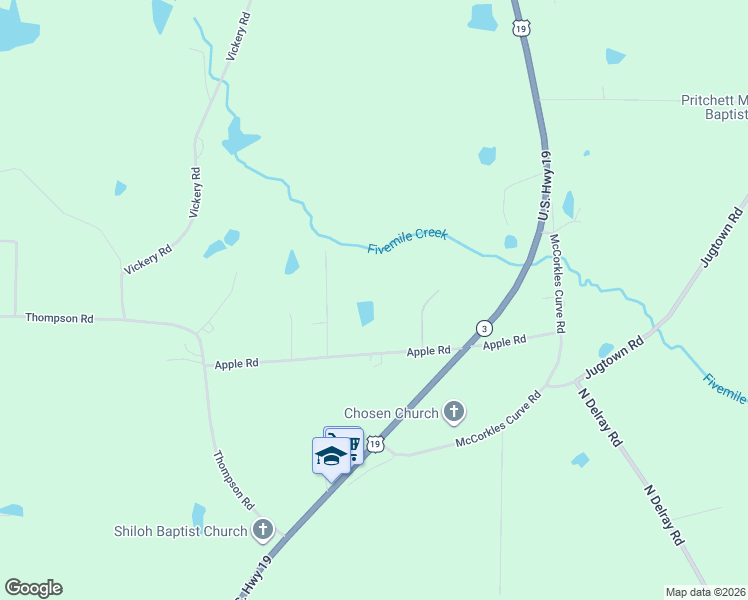 map of restaurants, bars, coffee shops, grocery stores, and more near 600 Apple Road in Meansville