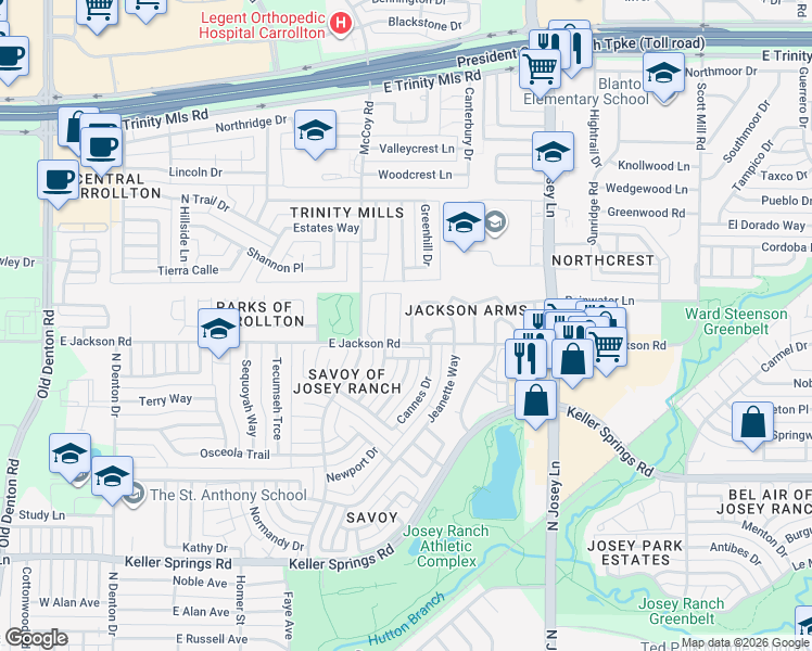 map of restaurants, bars, coffee shops, grocery stores, and more near 2204 Jackson Circle in Carrollton