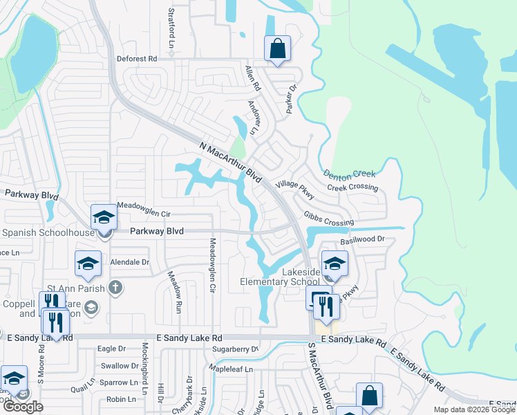 map of restaurants, bars, coffee shops, grocery stores, and more near 319 Cove Drive in Coppell