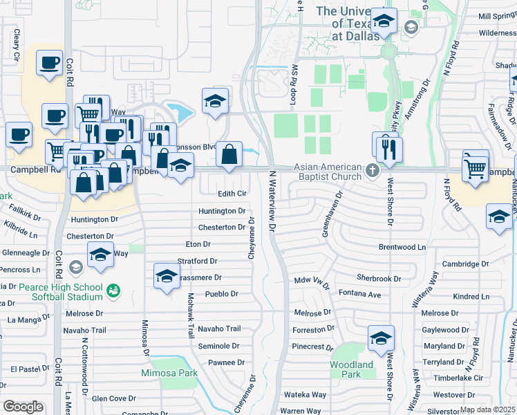 map of restaurants, bars, coffee shops, grocery stores, and more near 1801 North Waterview Drive in Richardson