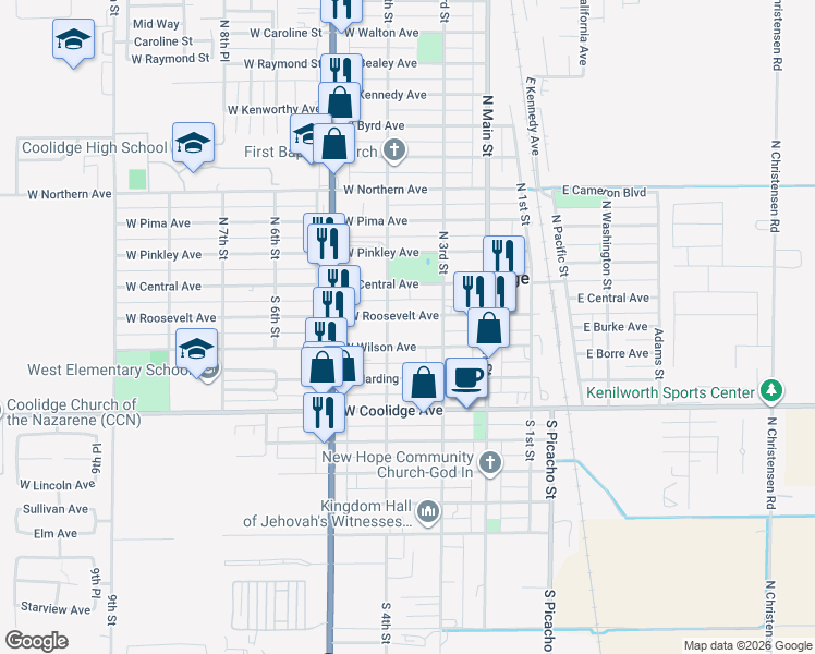 map of restaurants, bars, coffee shops, grocery stores, and more near 375 West Roosevelt Avenue in Coolidge