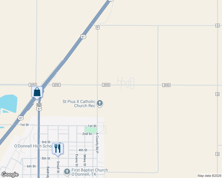 map of restaurants, bars, coffee shops, grocery stores, and more near Ranch Road 2053 in O'Donnell
