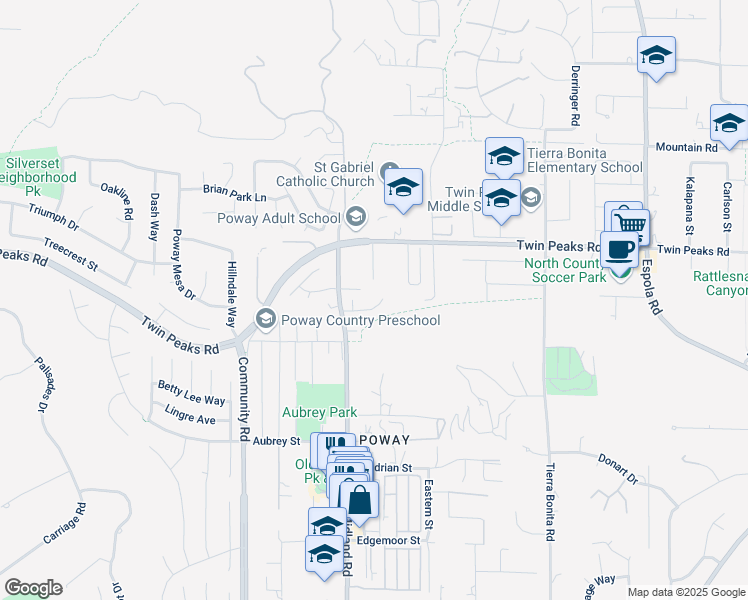 map of restaurants, bars, coffee shops, grocery stores, and more near 13730 Holly Oak Way in Poway