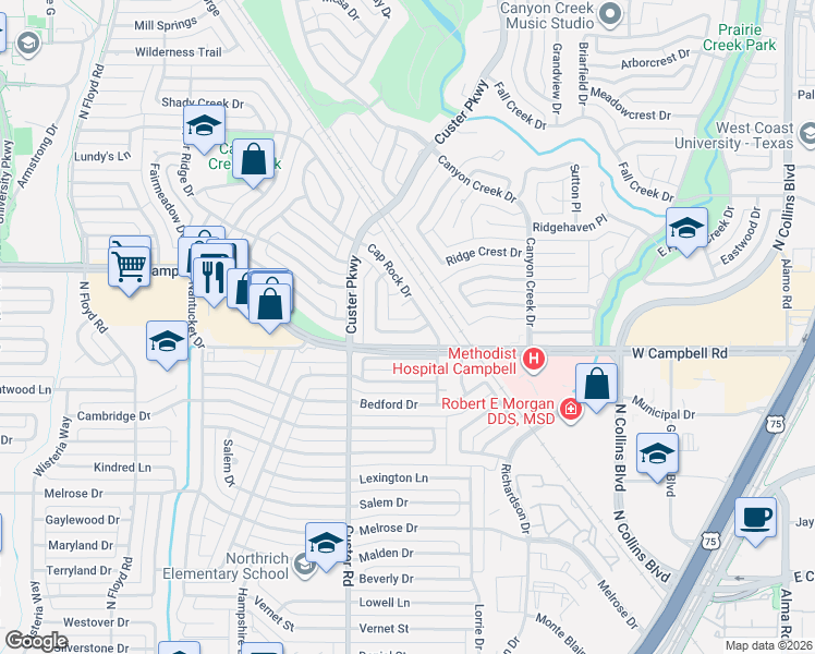 map of restaurants, bars, coffee shops, grocery stores, and more near 424 Sandy Trail in Richardson