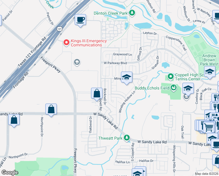 map of restaurants, bars, coffee shops, grocery stores, and more near 601 Sandalwood Court in Coppell