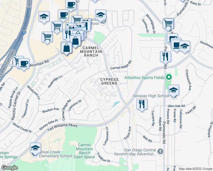 map of restaurants, bars, coffee shops, grocery stores, and more near 11986 Tivoli Park Row in San Diego