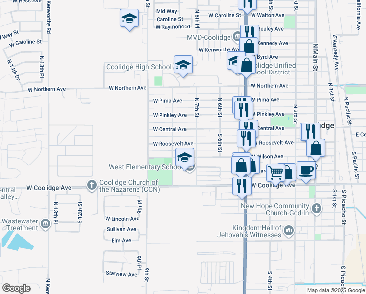 map of restaurants, bars, coffee shops, grocery stores, and more near 751 West Roosevelt Avenue in Coolidge