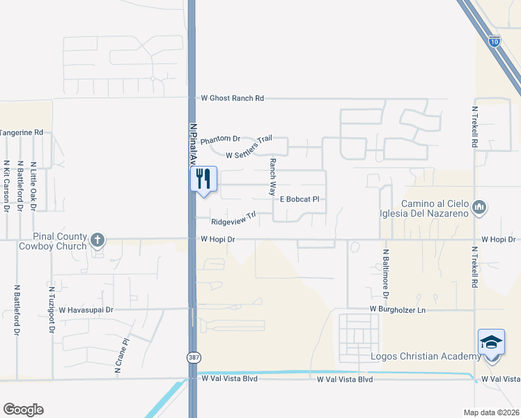 map of restaurants, bars, coffee shops, grocery stores, and more near 143 Ridge View Trail in Casa Grande