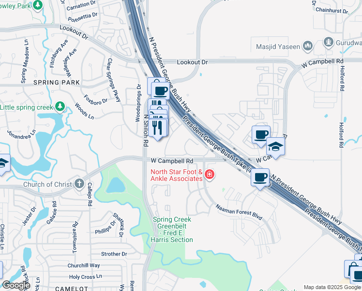 map of restaurants, bars, coffee shops, grocery stores, and more near 2001 West Campbell Road in Garland