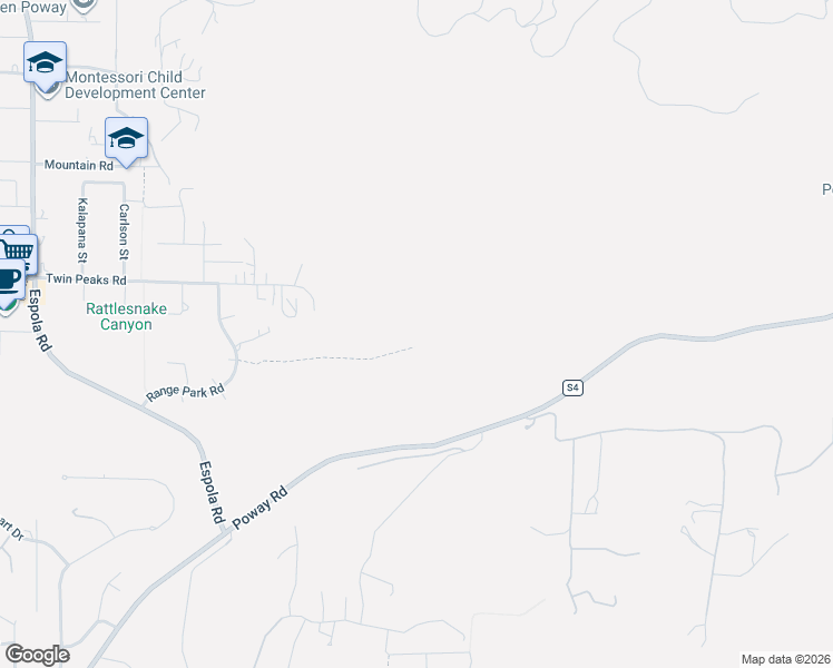 map of restaurants, bars, coffee shops, grocery stores, and more near Indian Springs Road in Poway