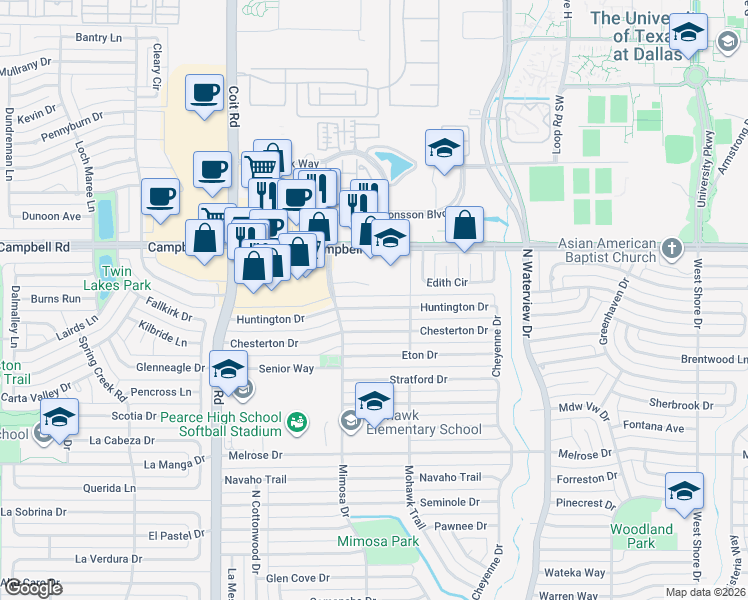 map of restaurants, bars, coffee shops, grocery stores, and more near 1211 Huntington Drive in Richardson