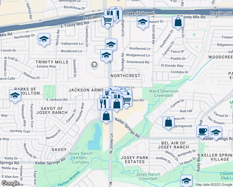 map of restaurants, bars, coffee shops, grocery stores, and more near in Carrollton