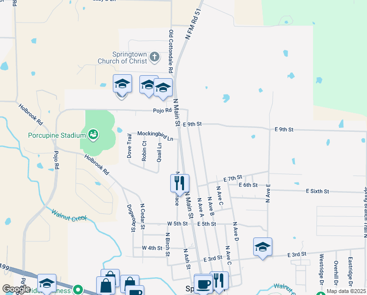 map of restaurants, bars, coffee shops, grocery stores, and more near 603 North Ash Terrace in Springtown