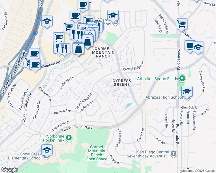 map of restaurants, bars, coffee shops, grocery stores, and more near 11937 Tivoli Park Row in San Diego