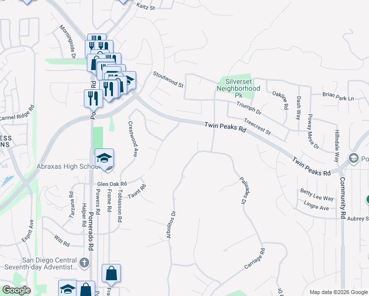 map of restaurants, bars, coffee shops, grocery stores, and more near 14258 Arbolitos Drive in Poway