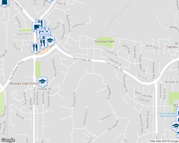 map of restaurants, bars, coffee shops, grocery stores, and more near 14271 Arbolitos Court in Poway