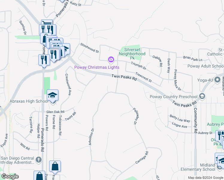 map of restaurants, bars, coffee shops, grocery stores, and more near 14271 Arbolitos Court in Poway