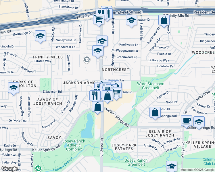map of restaurants, bars, coffee shops, grocery stores, and more near 1945 East Jackson Road in Carrollton